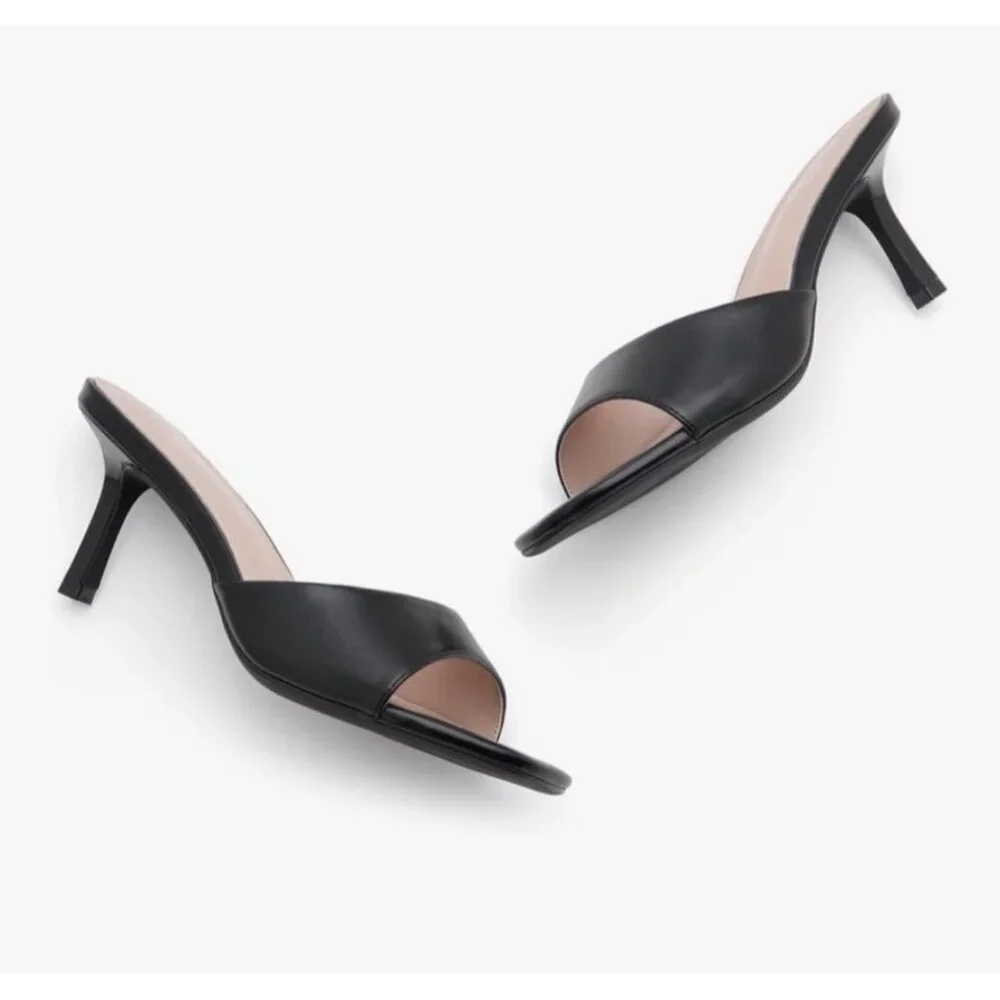 NIB Shoe Land Black Open Toe Slip On Casual Preppy Classic Sandal Stiletto Heels - Picture 4 of 6